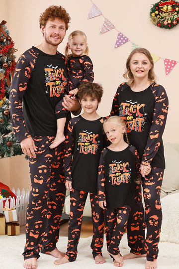 Conjunto de pijama familiar de Halloween estampado con estampado de truco o trato negro